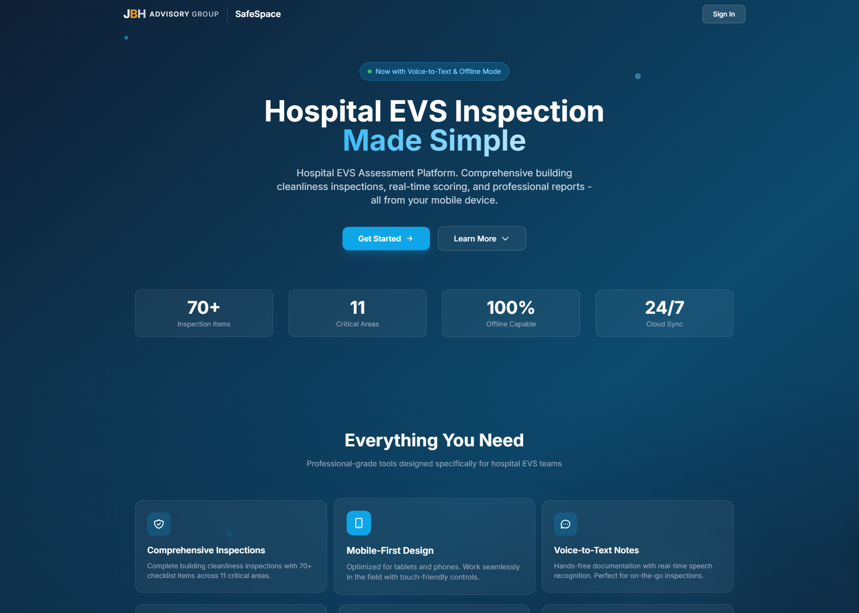 SafeSpace Inspection Tool website screenshot